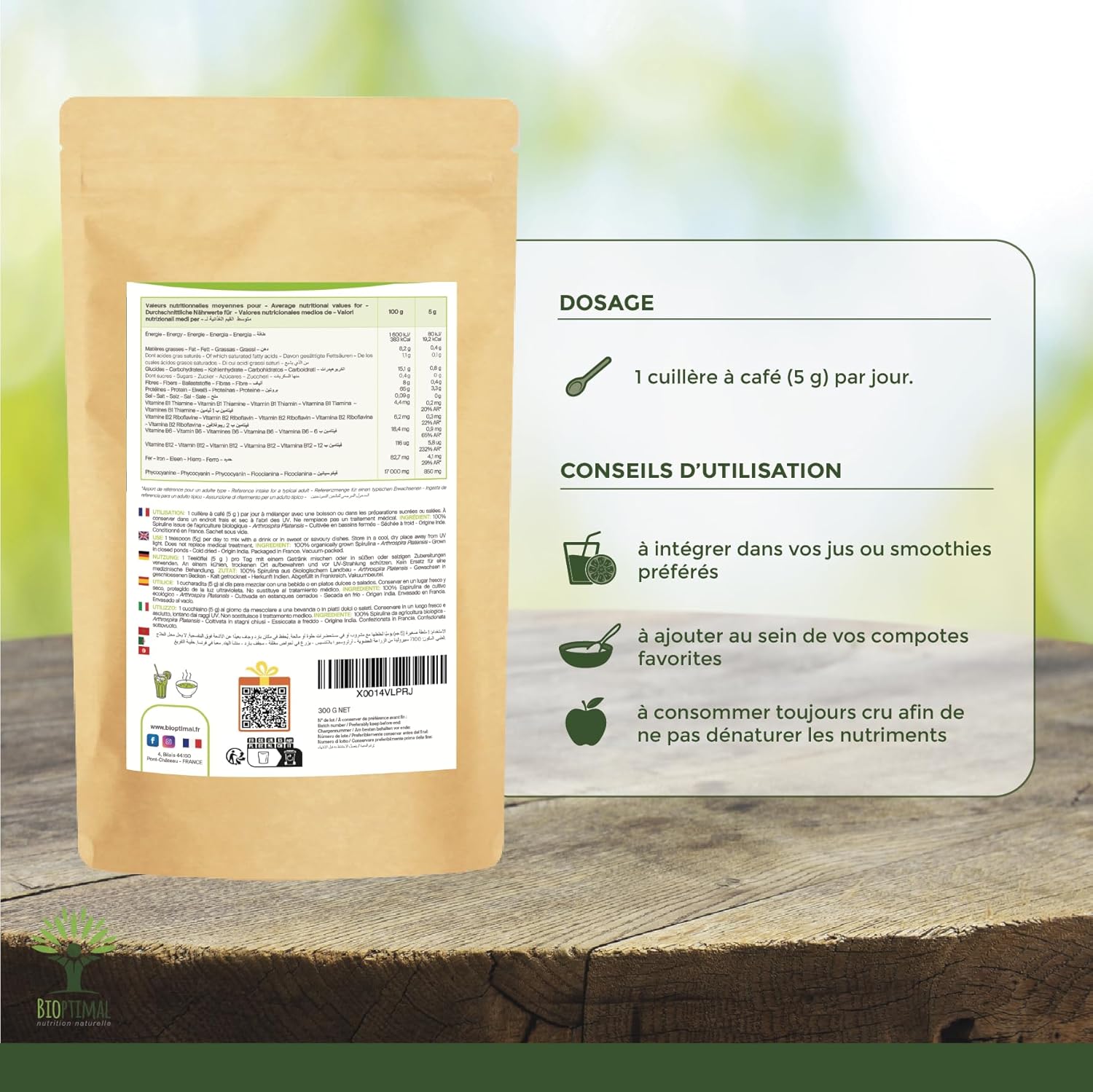 Organic Spirulina - 65% Proteins 14% BCAA 17% Phycocyanin Iron - Energy Sport Immunity - 100% Pure Spirulina Powder - Bioptimal French Brand - Packaged in France - Ecocert Certified - 300g - Image 4