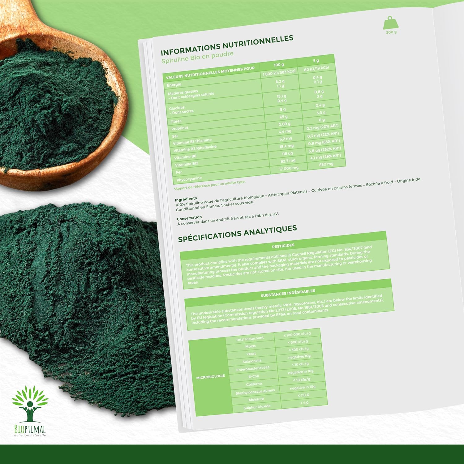 Organic Spirulina - 65% Proteins 14% BCAA 17% Phycocyanin Iron - Energy Sport Immunity - 100% Pure Spirulina Powder - Bioptimal French Brand - Packaged in France - Ecocert Certified - 300g - Image 7
