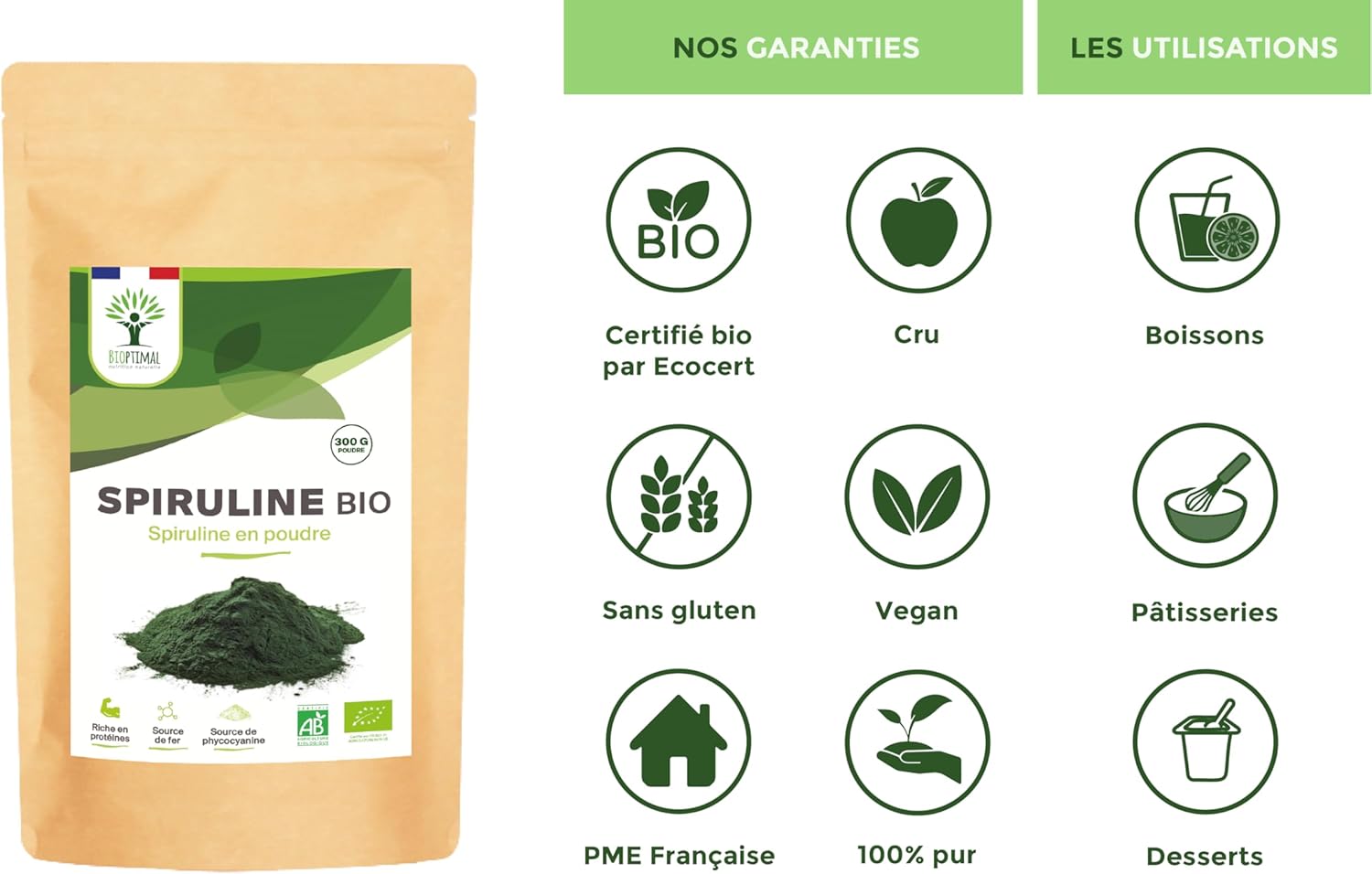 Organic Spirulina - 65% Proteins 14% BCAA 17% Phycocyanin Iron - Energy Sport Immunity - 100% Pure Spirulina Powder - Bioptimal French Brand - Packaged in France - Ecocert Certified - 300g - Image 8