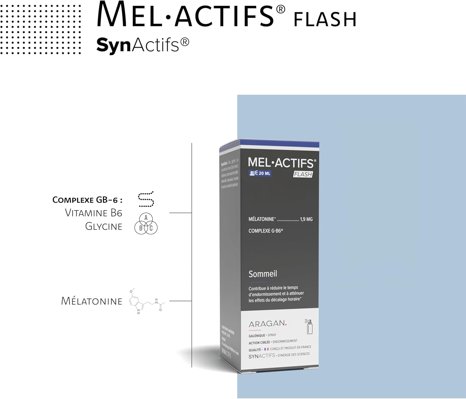 Melactif Flash - Food Supplement Melatonin 1.9 mg - Vitamin B6, Glycine - Spray Format - Aragan - 20 ml - Image 3