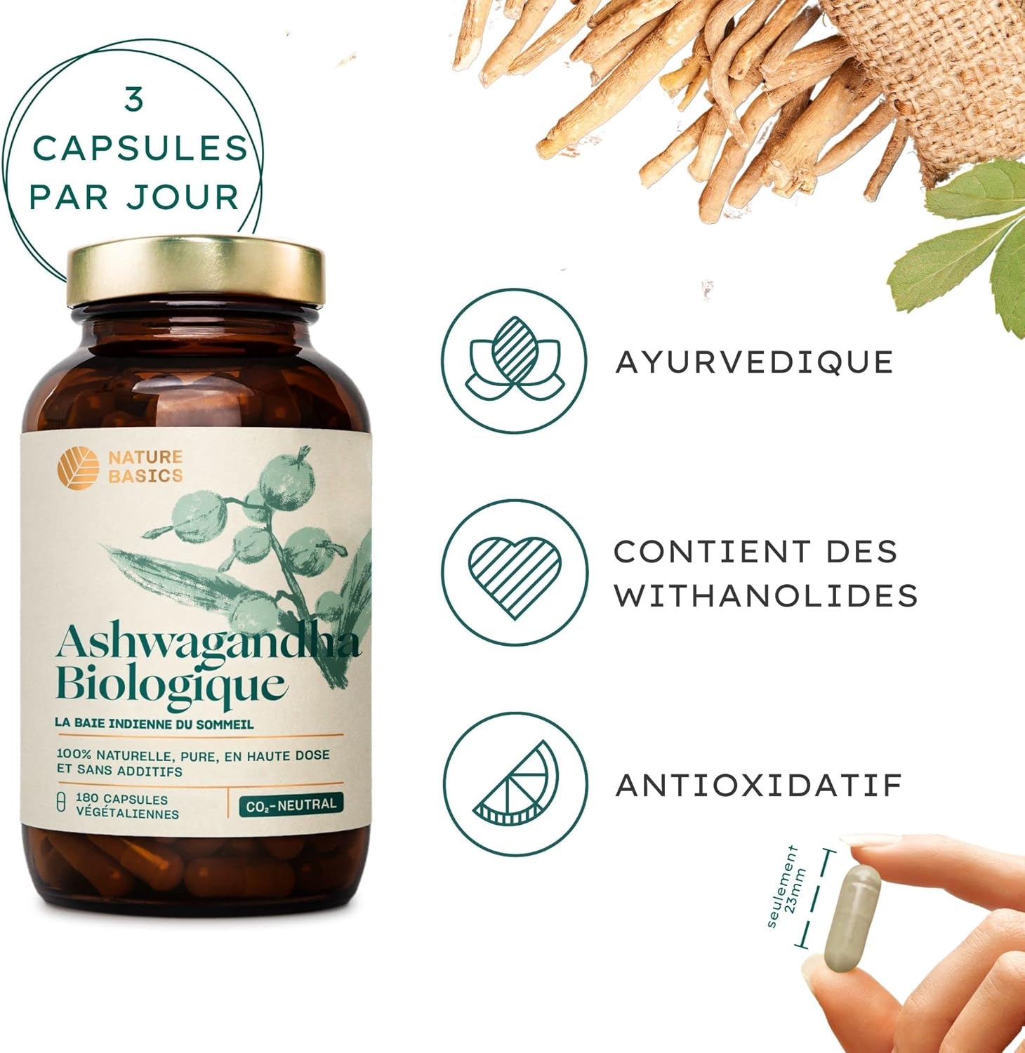 Nature Basics Sustainable Organic Ashwagandha in Jar | 180 Highly Dosed & Pure Capsules | 600mg Per Capsule & 1.800mg Per Daily Dose | Ayurvedic Dietary Supplement | CO2 Neutral - Image 6