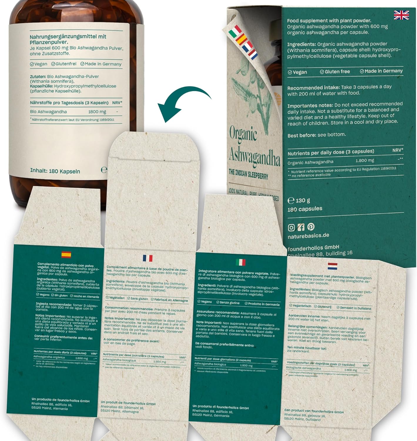 Nature Basics Sustainable Organic Ashwagandha in Jar | 180 Highly Dosed & Pure Capsules | 600mg Per Capsule & 1.800mg Per Daily Dose | Ayurvedic Dietary Supplement | CO2 Neutral - Image 7