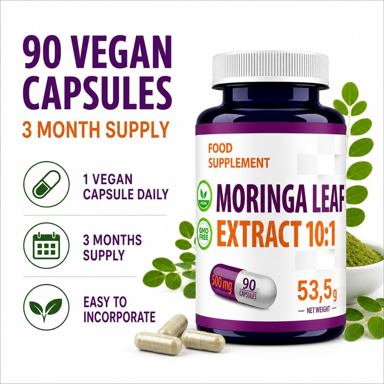 Hepatica Moringa Leaf (Moringa Oleifera) 5,000 mg Equivalent | Extract 10:1 500 mg | 90 Vegan Capsules | GMP & Independent Lab - Image 6