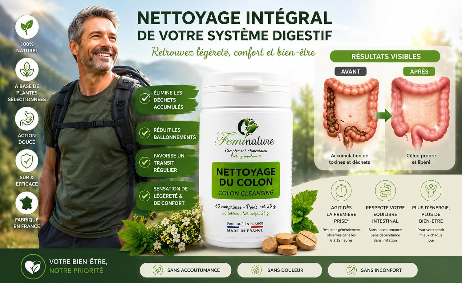 Feminature | Intestinal Cleansing & Colon Detox – Gentle Transit – Complex 10 Plants (Artichoke, Dandelion) & Acacia Fibres – 60 Tablets - Made in France - Image 3