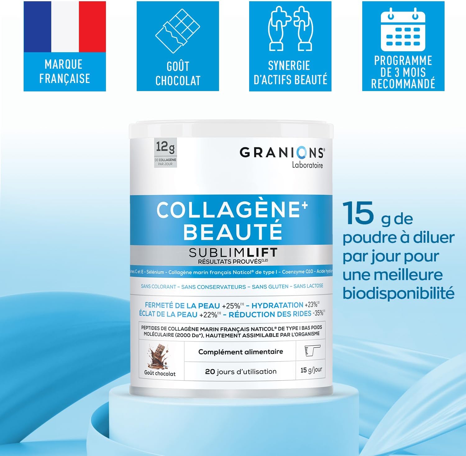 SUBLIMLIFT GRANIONS Marine Beauty Collagen 12 g Daily Hyaluronic Acid + Coenzyme Q10 + Vitamin C | Antioxidants, Anti-Aging and Beauty Skin - Chocolate Flavour -300 g - Image 3