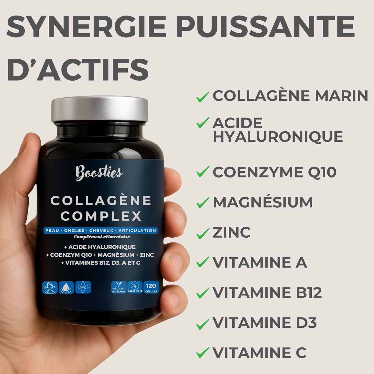 Collagen Complex - Hydrolyzed Marine Collagen Type 1 Aquacol Patented + Hyaluronic Acid + Q10 + Magnesium + Zinc + Vitamins A C D3 B12 - Skin, Hair, Nails, Joints - 120 Capsules - Image 5