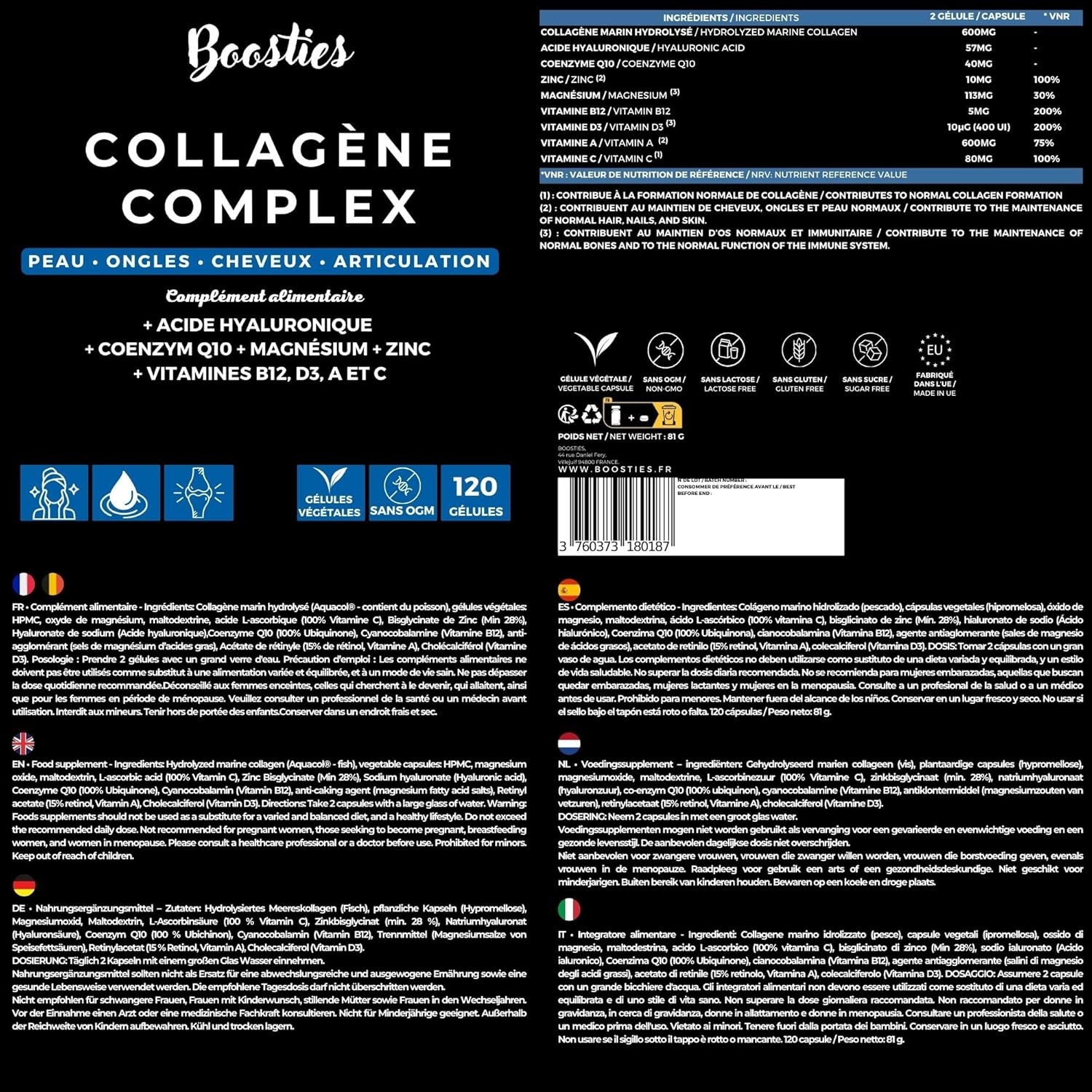 Collagen Complex - Hydrolyzed Marine Collagen Type 1 Aquacol Patented + Hyaluronic Acid + Q10 + Magnesium + Zinc + Vitamins A C D3 B12 - Skin, Hair, Nails, Joints - 120 Capsules - Image 9