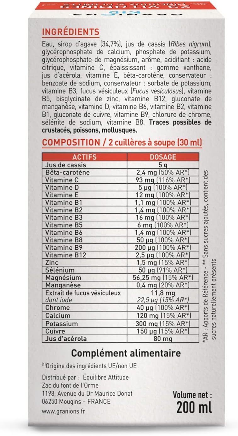 GRANIONS KID 23 VITAMINS AND OLIGOELEMENTS - Vitamins + Magnesium + Zinc + Beta Carotene + Calcium - Good Functioning of the Body - Tutti Frutti Flavour - For Ages 3 Years Aged - 200 ml - Made in France - Image 3