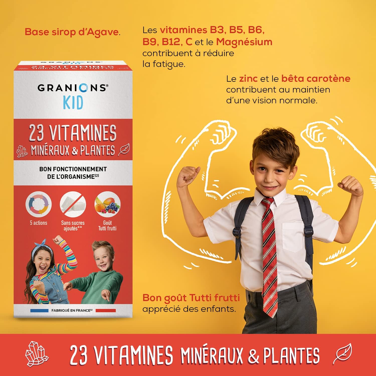 GRANIONS KID 23 VITAMINS AND OLIGOELEMENTS - Vitamins + Magnesium + Zinc + Beta Carotene + Calcium - Good Functioning of the Body - Tutti Frutti Flavour - For Ages 3 Years Aged - 200 ml - Made in France - Image 6