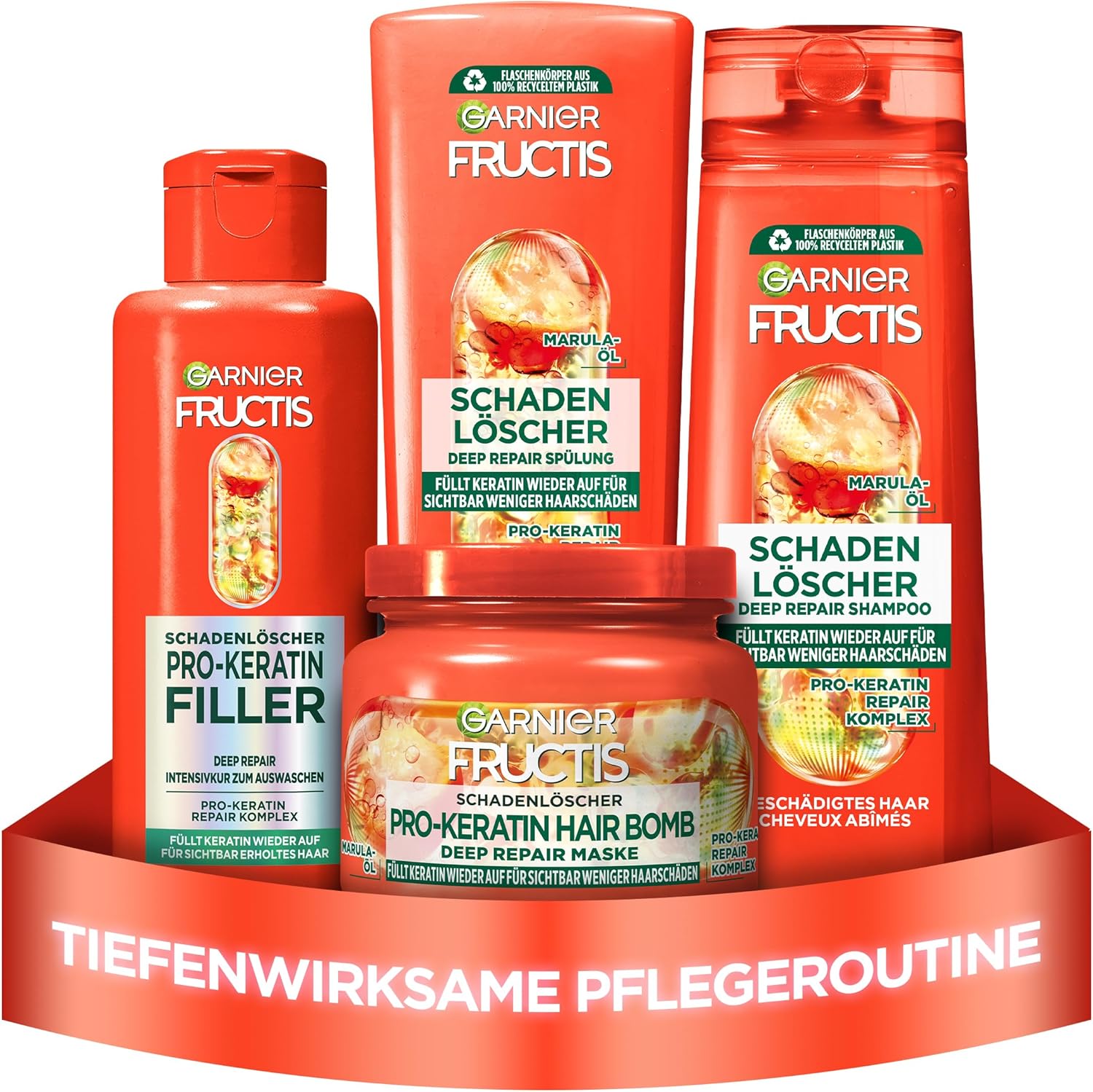 Garnier Fructis 4 x Fire Extinguisher Bottles for Damaged Hair with Pro-Keratin and Marula Oil, Shampoo 250ml, Conditioner 200ml, Curing 200ml, Mask 320ml - Image 2