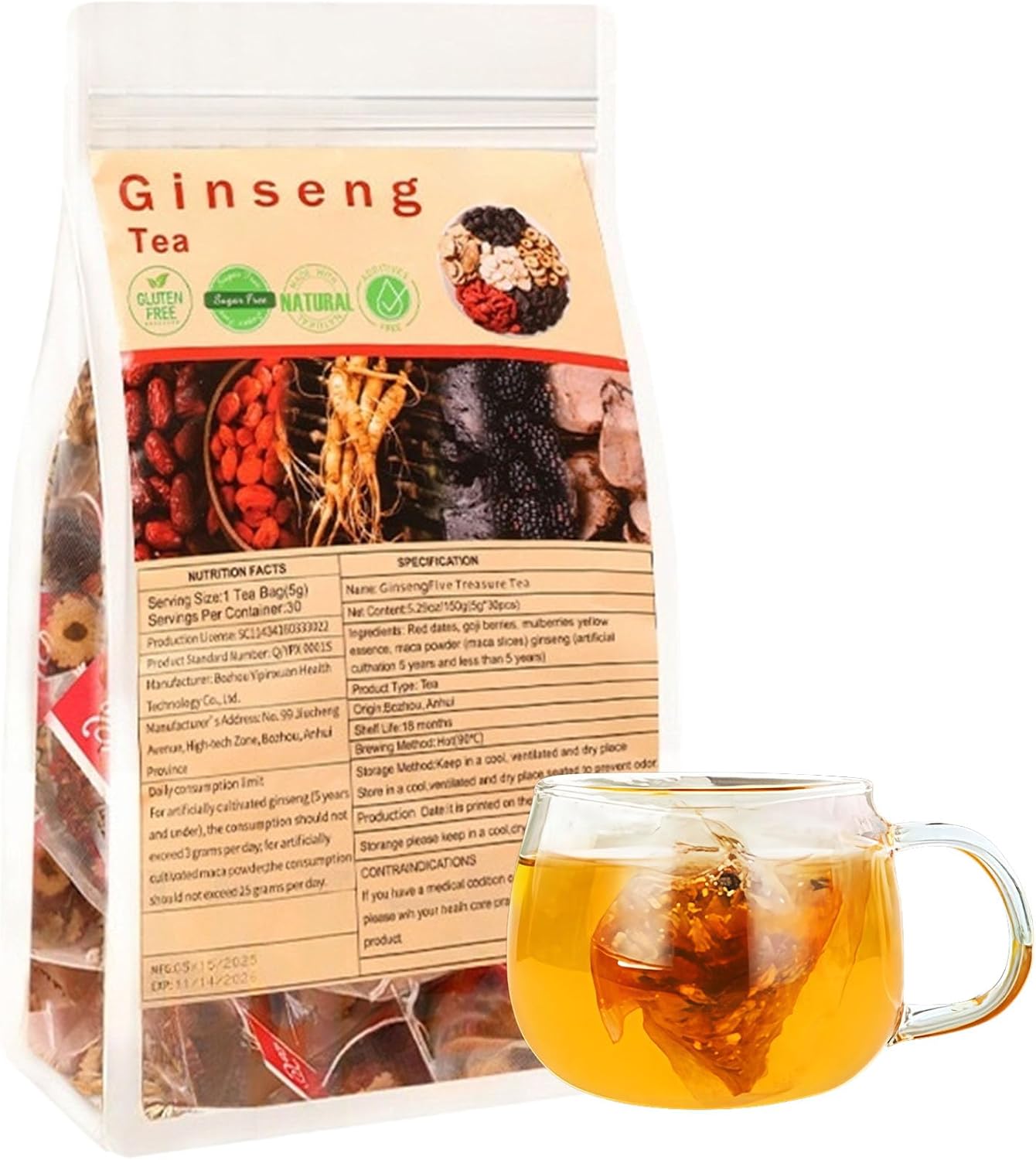 Ginseng Six Treasure Tea, Organic Natural Six Treasure Teas for Daily Wellness, Ginseng, Mulberry, Goji Berry, Red Date | 30 Tea Bags for Men & Women (1 Pack) - Image 2