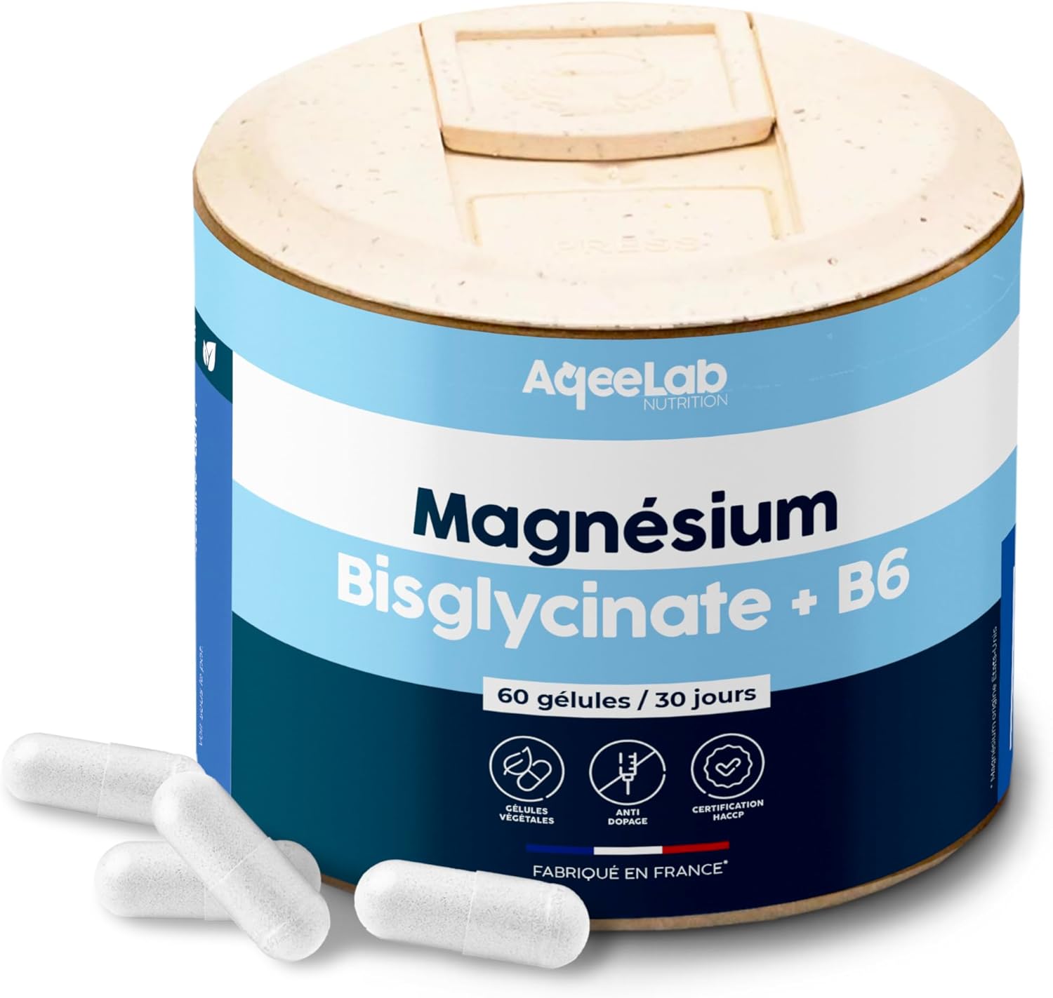 Magnesium Bisglycinate 1375 mg + Vitamin B6 • 60 Vegetable Capsules • Pot for 30 Jrs • Reduction of Stress and Fatigue • Made in France • Aqeelab Nutrition (122g, Neutral) - Image 2