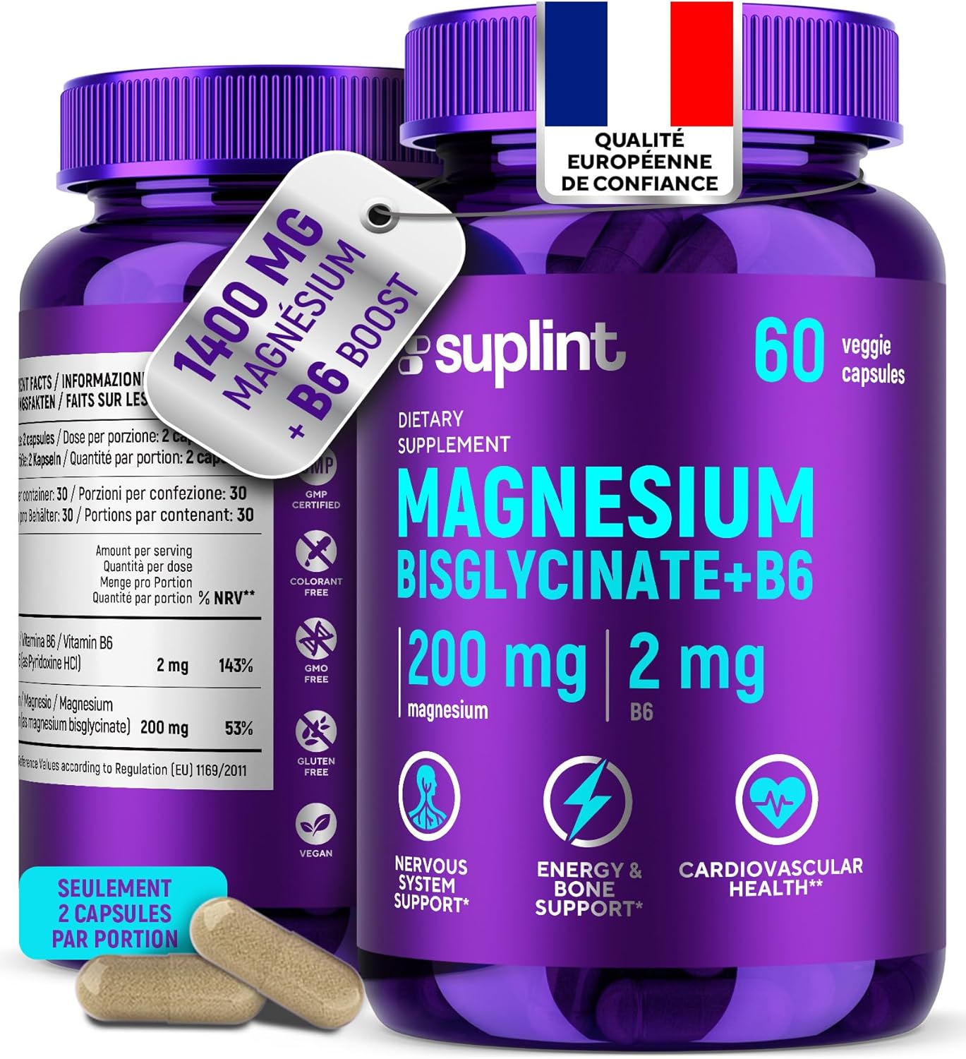 Magnesium Bisglycinate 200mg - With Vitamin B6 for Better Absorption - High Dose & Lab Tested - Magnesium Complex - Vegan Capsules Without Additives - 60 Capsules - Image 2