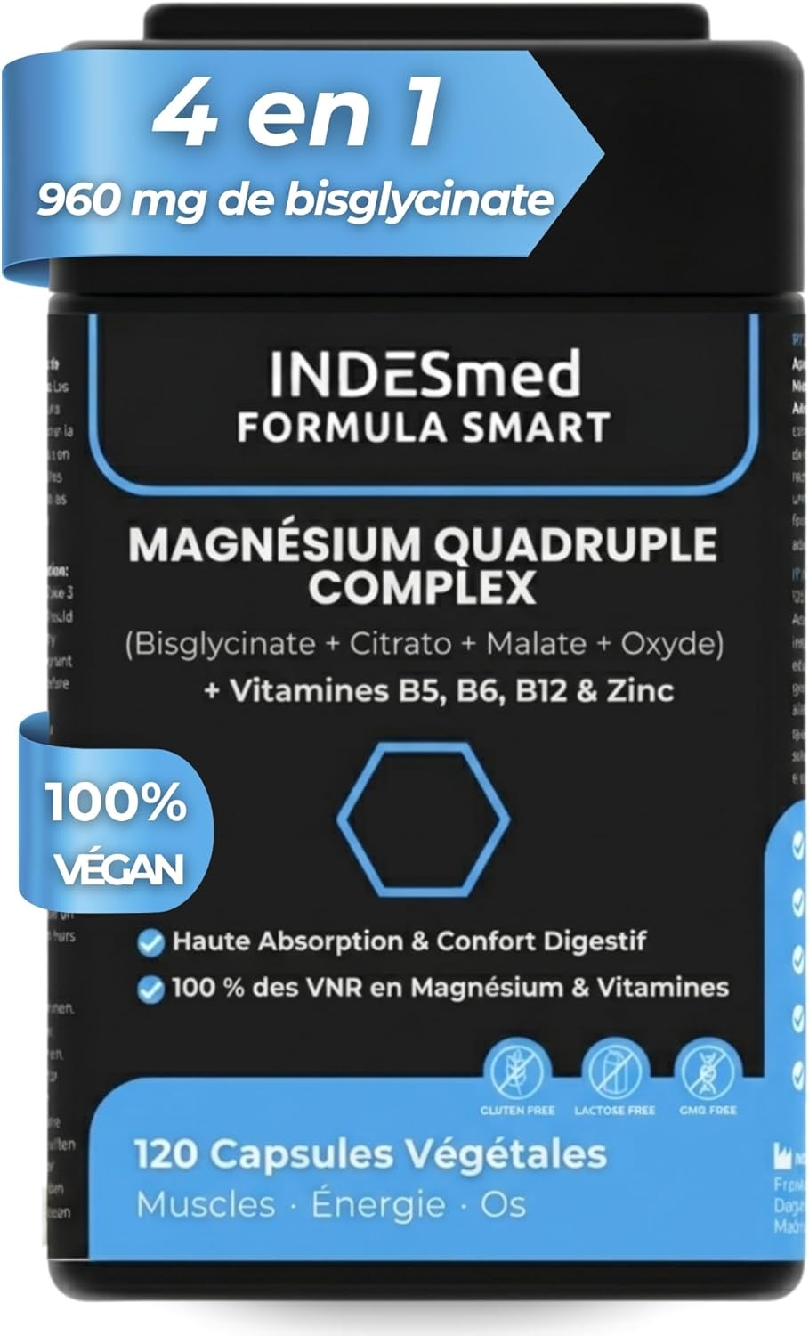 Magnésium Complex - Bisglicinate, Citrate, Malate, Oxyde avec Vitamines B5, B6, B12 & Zinc | Fatigue, Stress & Douleurs Musculaires | Haute Absorption | 120 Gélules Végan | INDESmed FORMULA SMART - Image 2