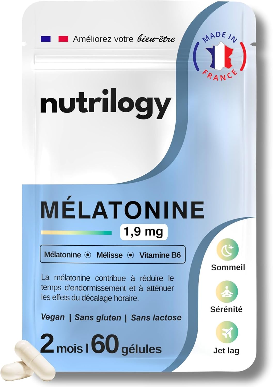 Melatonin 1.9 mg | Repairing Sleep, Fast Sleep & JetLag | With Melissa & Vitamin B6 | 2 Months - 60 Capsules | Vegan & Made in France Food Supplement | NUTRILOGY - Image 2