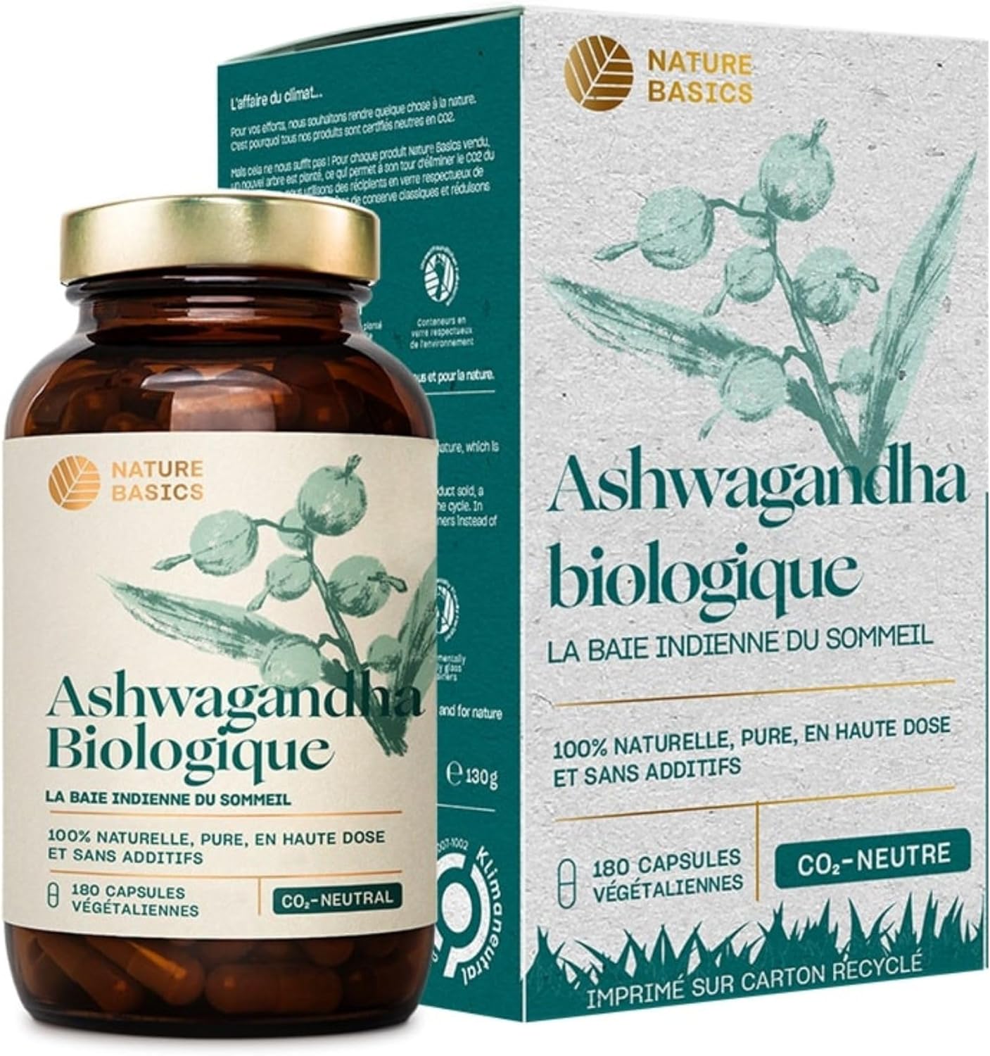Nature Basics Sustainable Organic Ashwagandha in Jar | 180 Highly Dosed & Pure Capsules | 600mg Per Capsule & 1.800mg Per Daily Dose | Ayurvedic Dietary Supplement | CO2 Neutral - Image 2