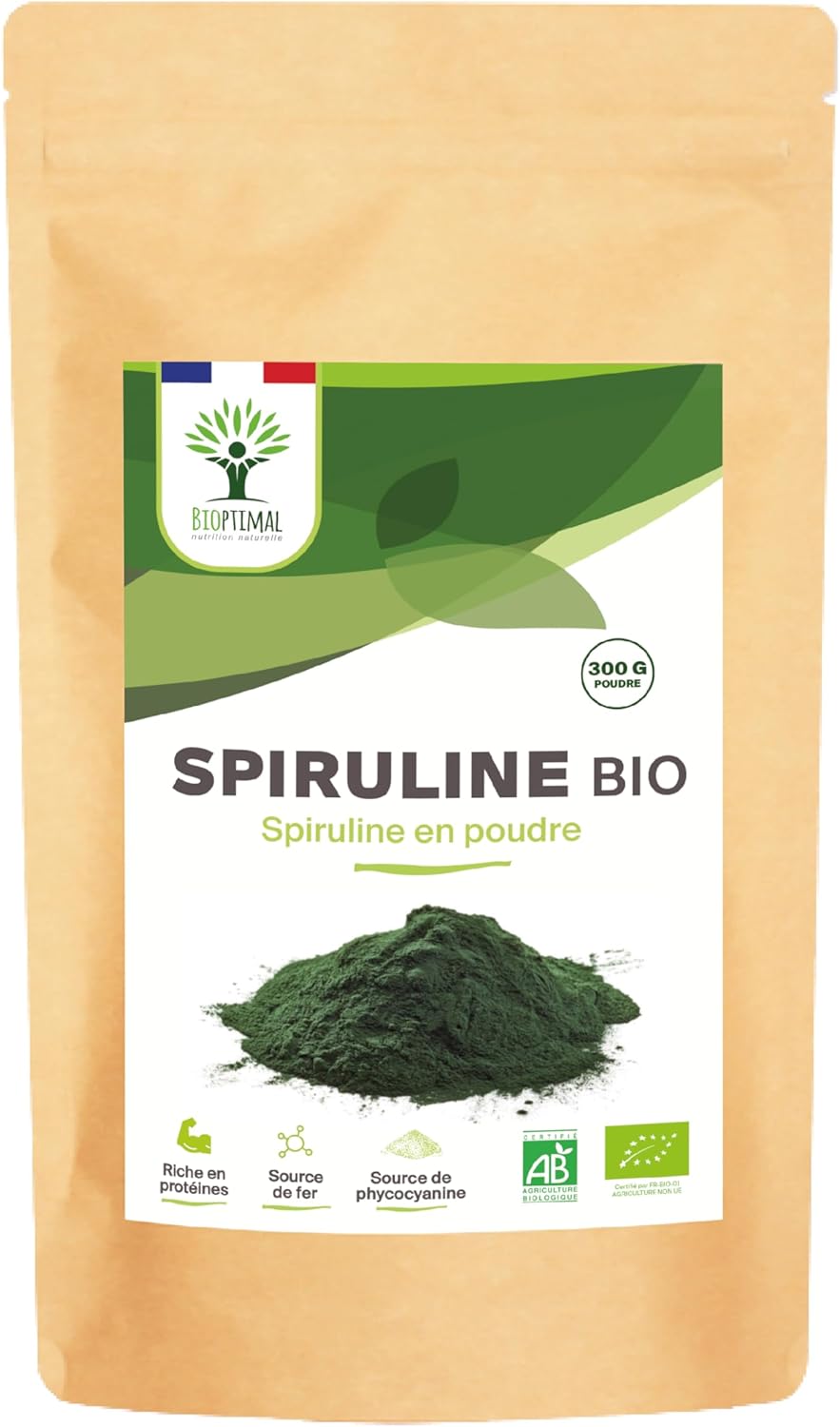 Organic Spirulina - 65% Proteins 14% BCAA 17% Phycocyanin Iron - Energy Sport Immunity - 100% Pure Spirulina Powder - Bioptimal French Brand - Packaged in France - Ecocert Certified - 300g - Image 2