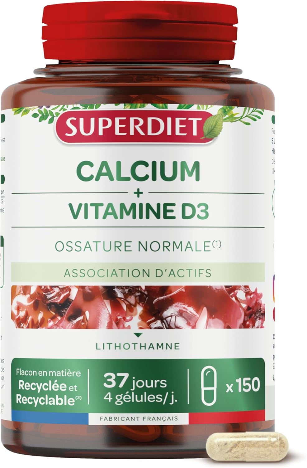 SUPERDIET - CALCIUM + VITAMIN D - Nutritherapy - Normal bone-Source of calcium and vitamin D-Made in France - 150 capsules - Image 2