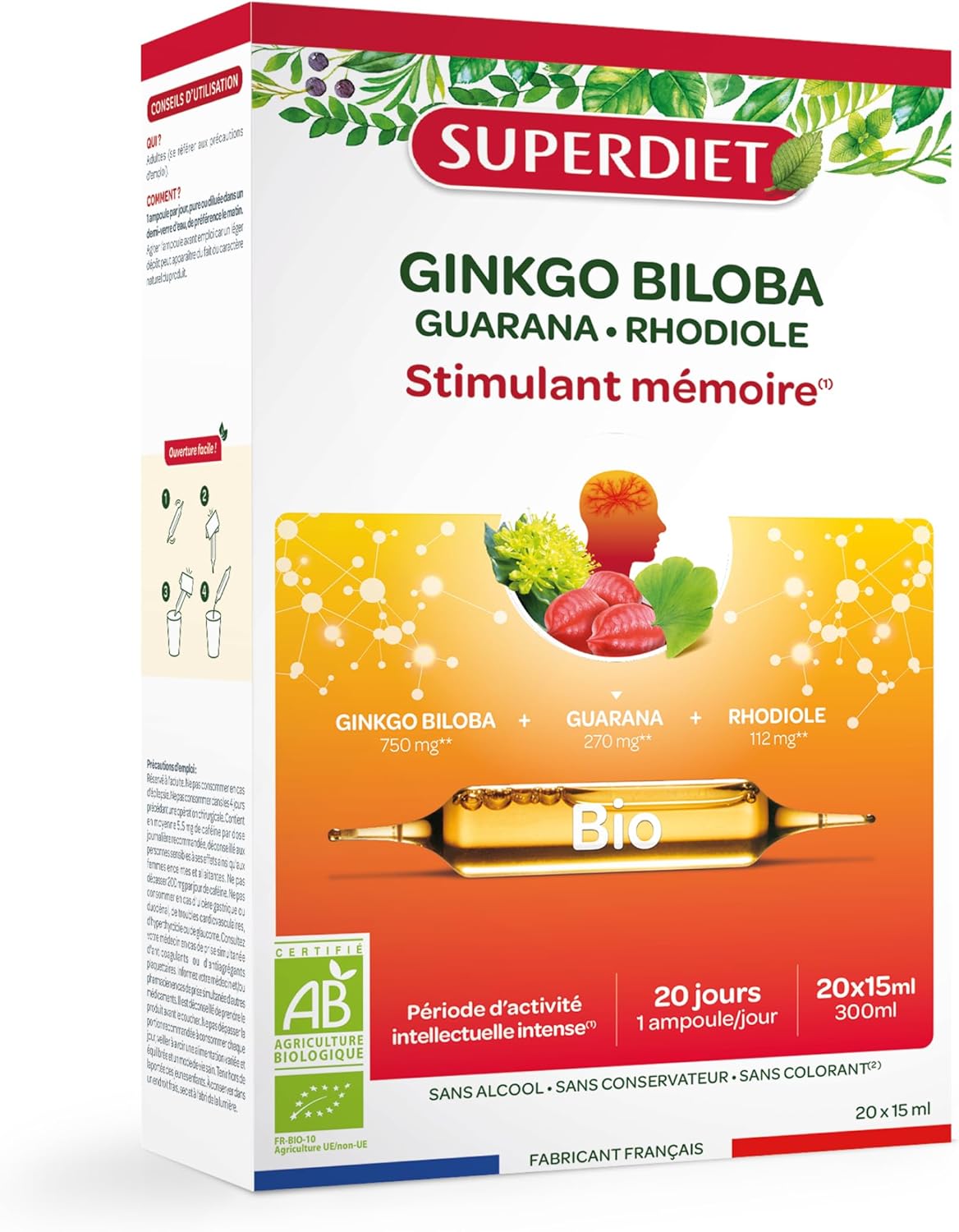 SUPERDIET - GINKGO BOOST ORGANIC - BIO Memory Stimulant - Vitality - Made in France - 20 ampoules of 15 ml - Image 2