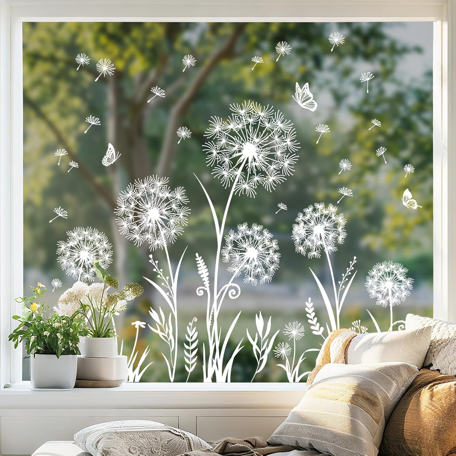 Tanlaby White Dandelion Window Stickers Flowers Butterflies Anti-Collision Spring Summer Window Sticker for Bedroom Living Room Kitchen Shop Showcase Decoration - Image 2