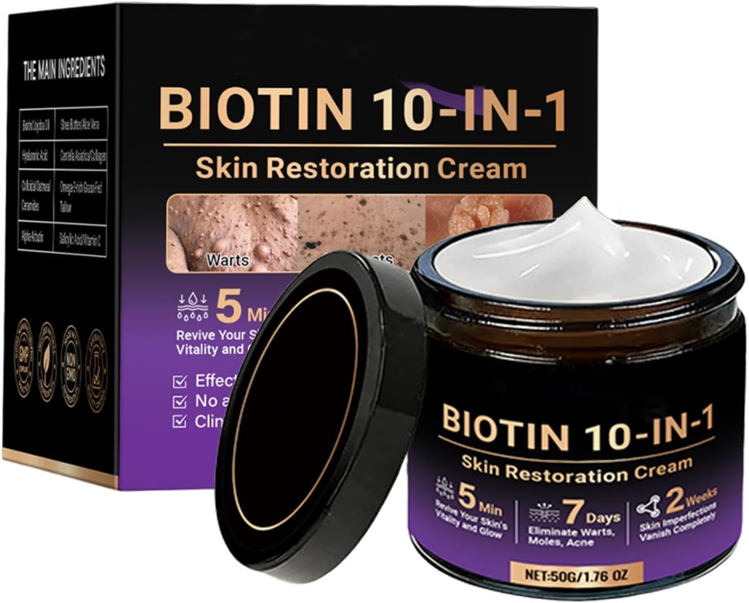 10 In 1 Biotin Skin Restoration Cream, With 7 Days Warts, Grains & Acne Removal, 50G, Skin Treatment Cream, Collagen Lift Serum, Elas - Image 2