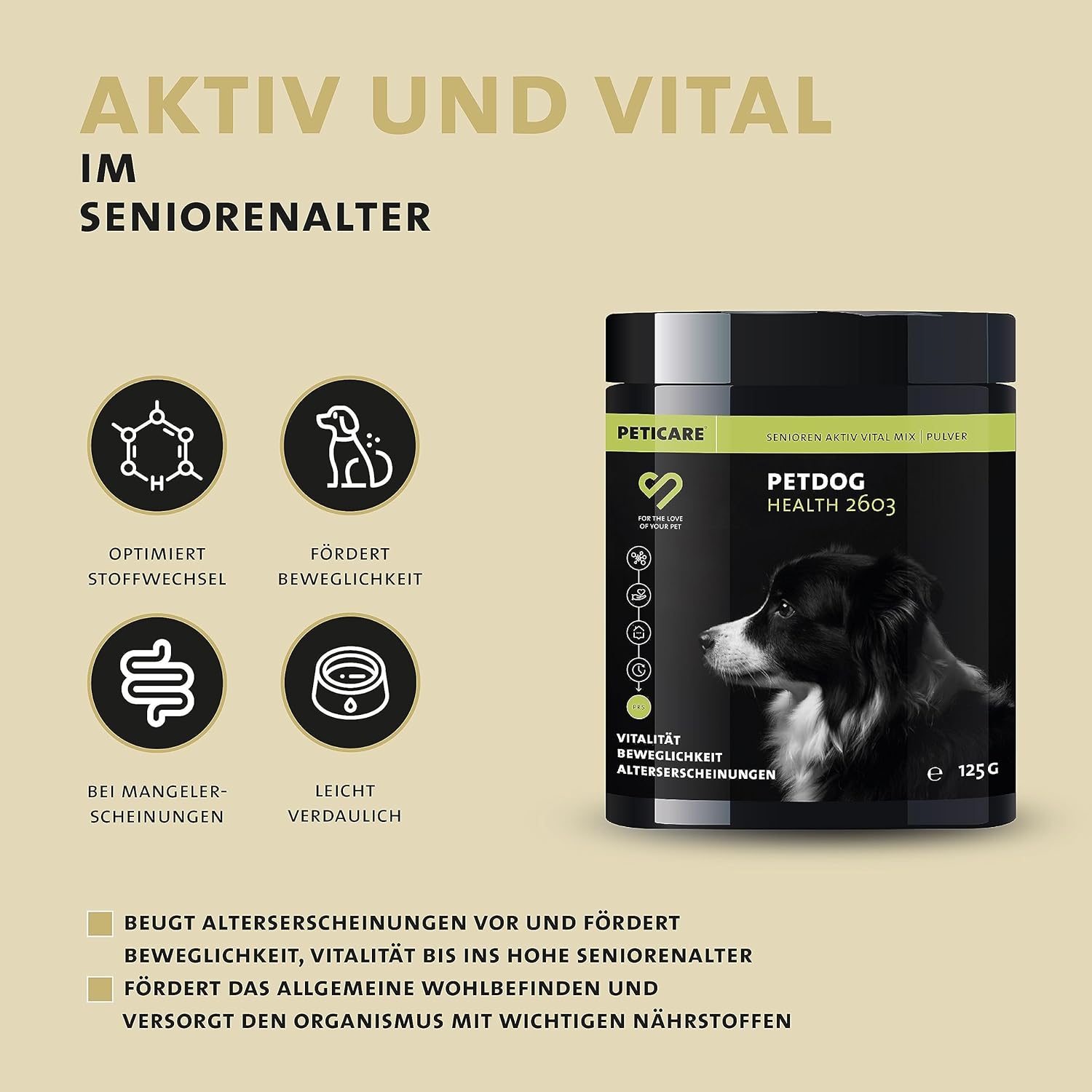 Peticare Senior Active Vital Mix Powder for Senior Dogs | Natural Food Supplement with Green Mussel, MSM, Turmeric | Immune Boosts & Deficiencies | petDog Health 2603 (125 g) - Image 3