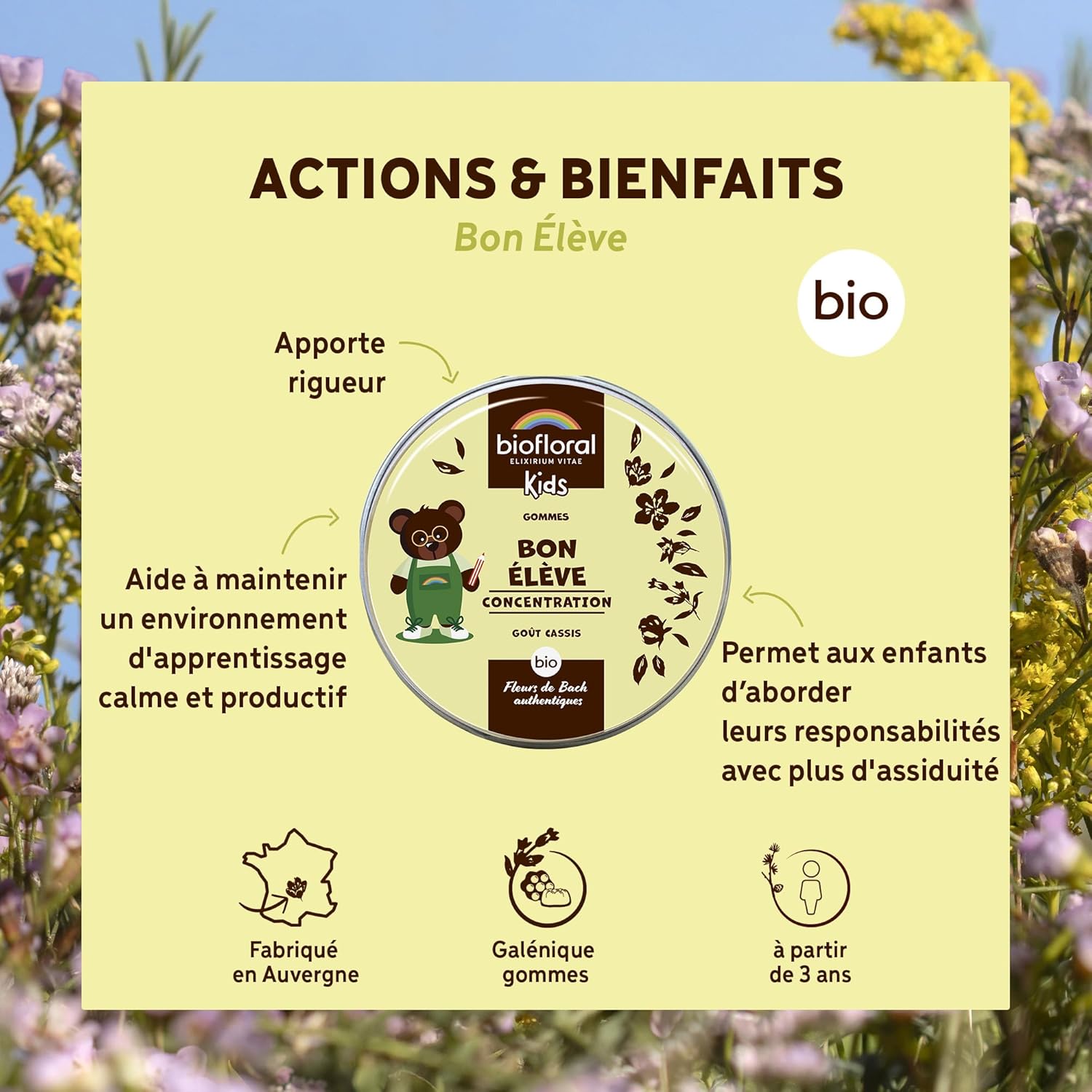 BIOFLORAL KIDS - Bon École - Organic - Concentration - Authentic Bach Flowers - Alcohol Free - 45g - Image 3