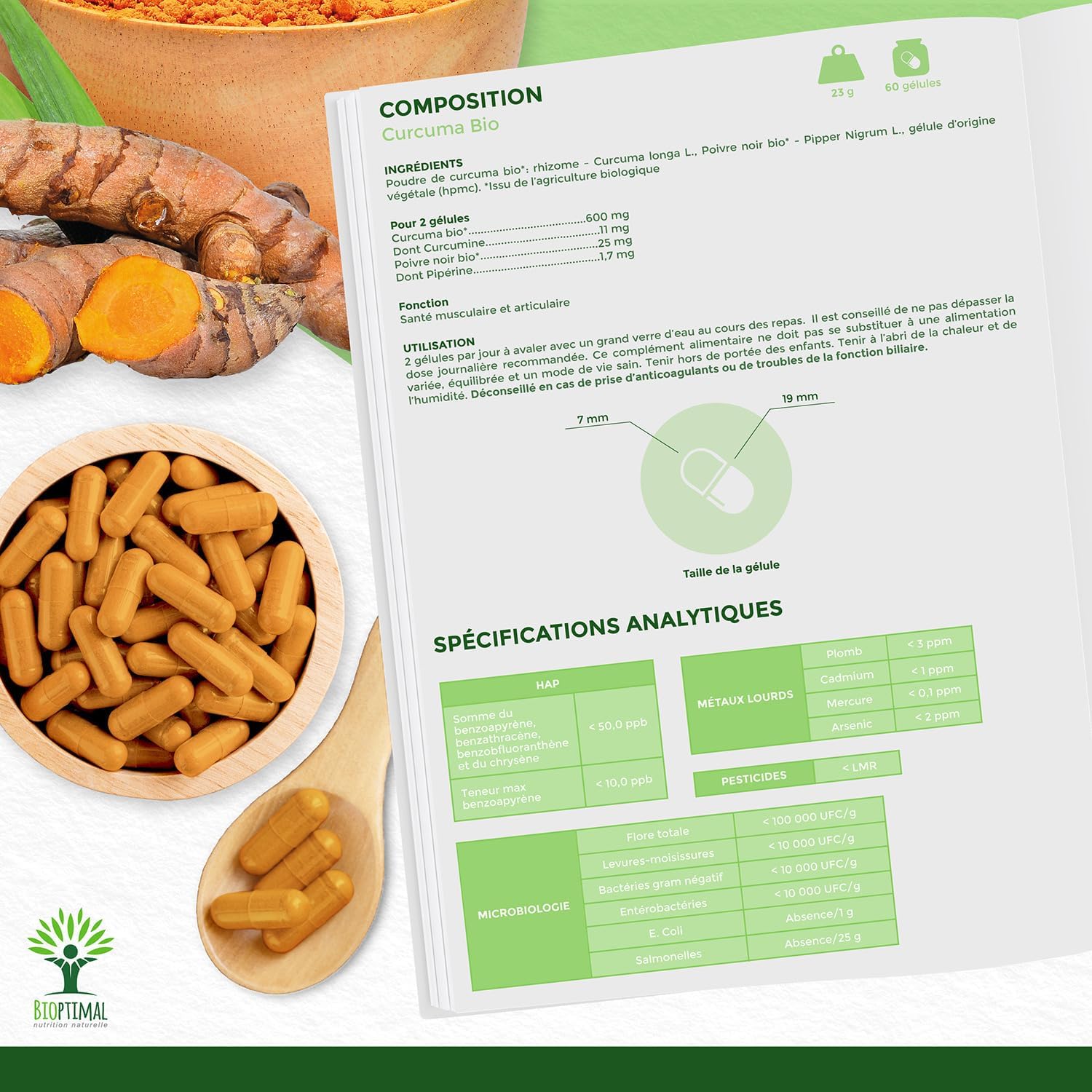 Turmeric + Organic Black Pepper - Bioptimal - Food Supplement - Antioxidant Digestion Joint - Curcumin Active Piperine - High Absorption - Made in France - Ecocert Certified - 60 Capsules - Image 7