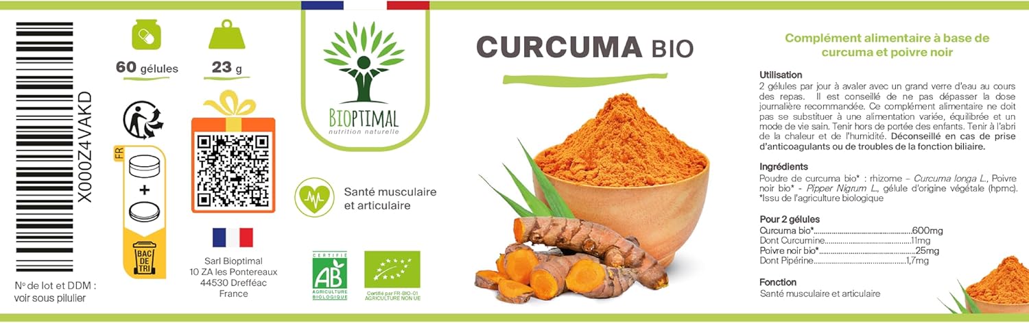 Turmeric + Organic Black Pepper - Bioptimal - Food Supplement - Antioxidant Digestion Joint - Curcumin Active Piperine - High Absorption - Made in France - Ecocert Certified - 60 Capsules - Image 10
