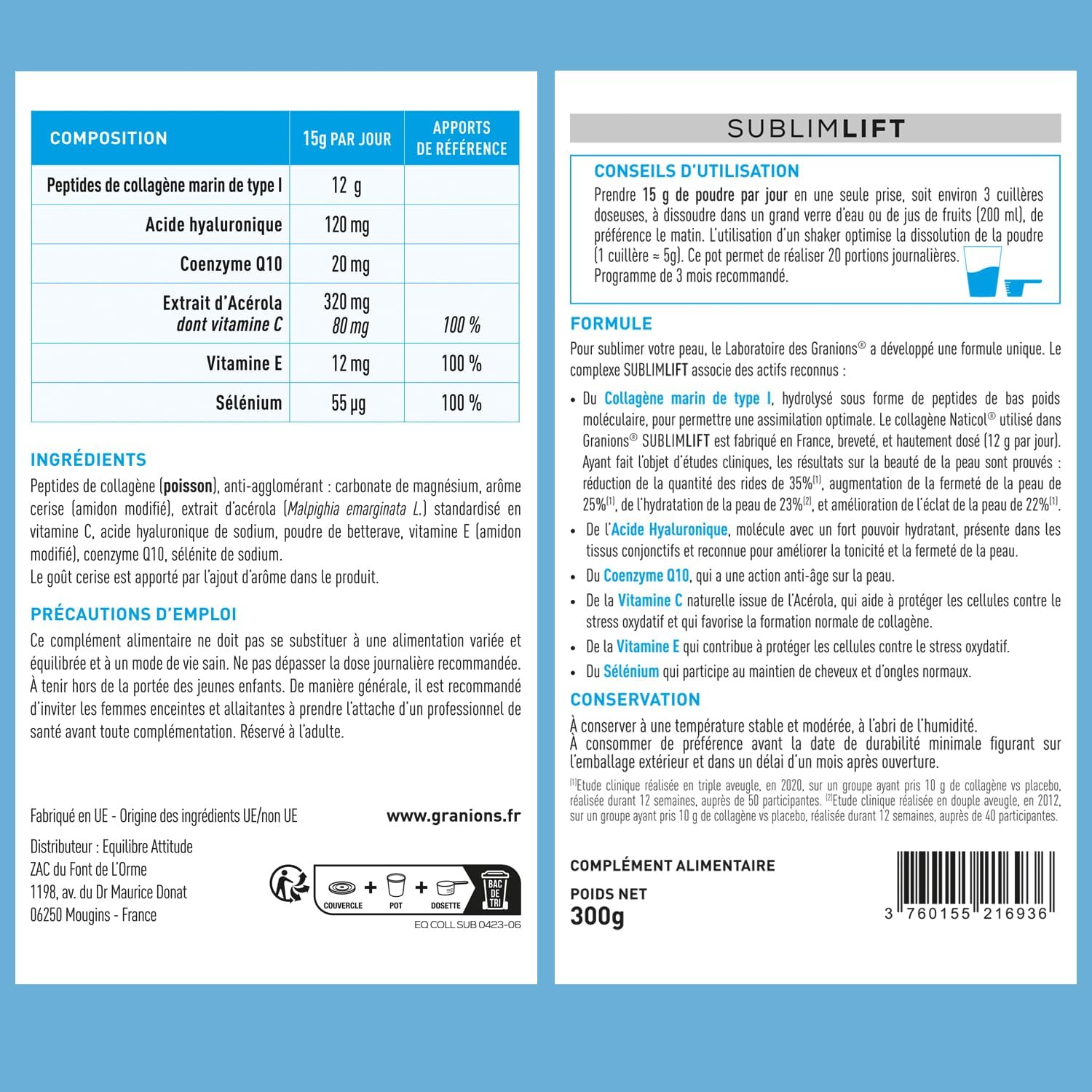 Granions Collagen + Beauty Sublimlift | Type 1 Marine Collagen | 12g Serving-Patented Collagen | Hyaluronic Acid + Vitamin C, E + Coenzyme Q10 | Collagen Powder 300g - Image 4