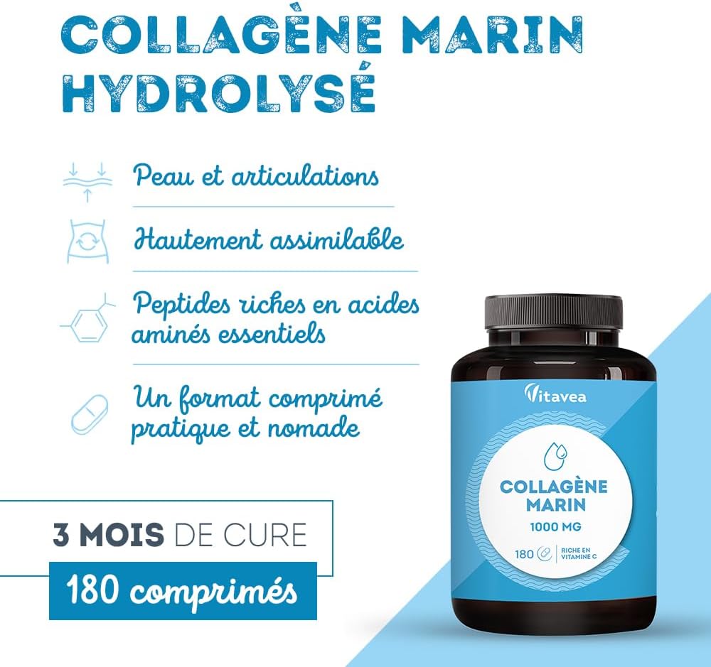 Marine Collagen Type 1&3, 1000mg | Low molecular weight, high absorption | Hydrolyzed Marine Peptides | With Vitamin C | Skin & Joints | 180 tablets, 3 months | Made in France | Vitavea - Image 3