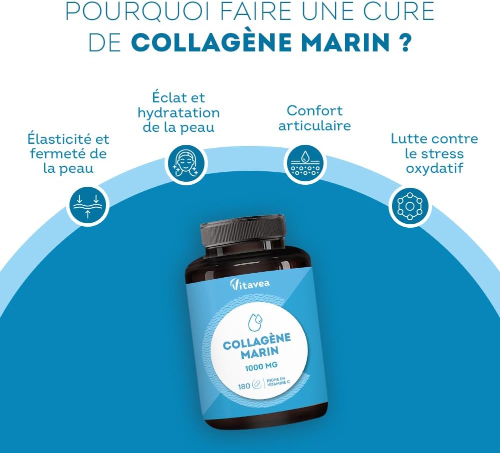 Marine Collagen Type 1&3, 1000mg | Low molecular weight, high absorption | Hydrolyzed Marine Peptides | With Vitamin C | Skin & Joints | 180 tablets, 3 months | Made in France | Vitavea - Image 4