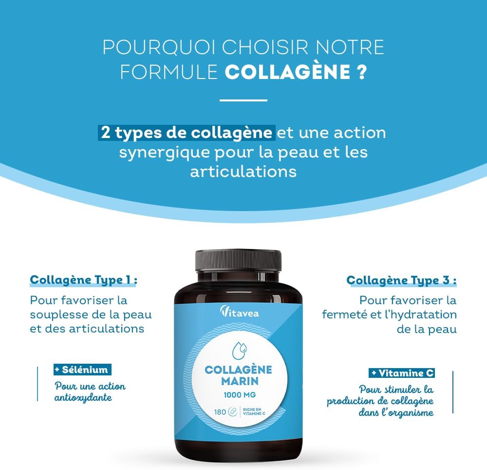 Marine Collagen Type 1&3, 1000mg | Low molecular weight, high absorption | Hydrolyzed Marine Peptides | With Vitamin C | Skin & Joints | 180 tablets, 3 months | Made in France | Vitavea - Image 5