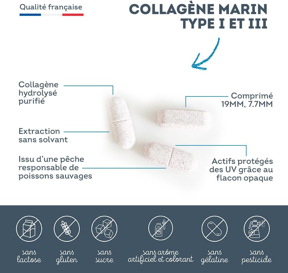 Marine Collagen Type 1&3, 1000mg | Low molecular weight, high absorption | Hydrolyzed Marine Peptides | With Vitamin C | Skin & Joints | 180 tablets, 3 months | Made in France | Vitavea - Image 6