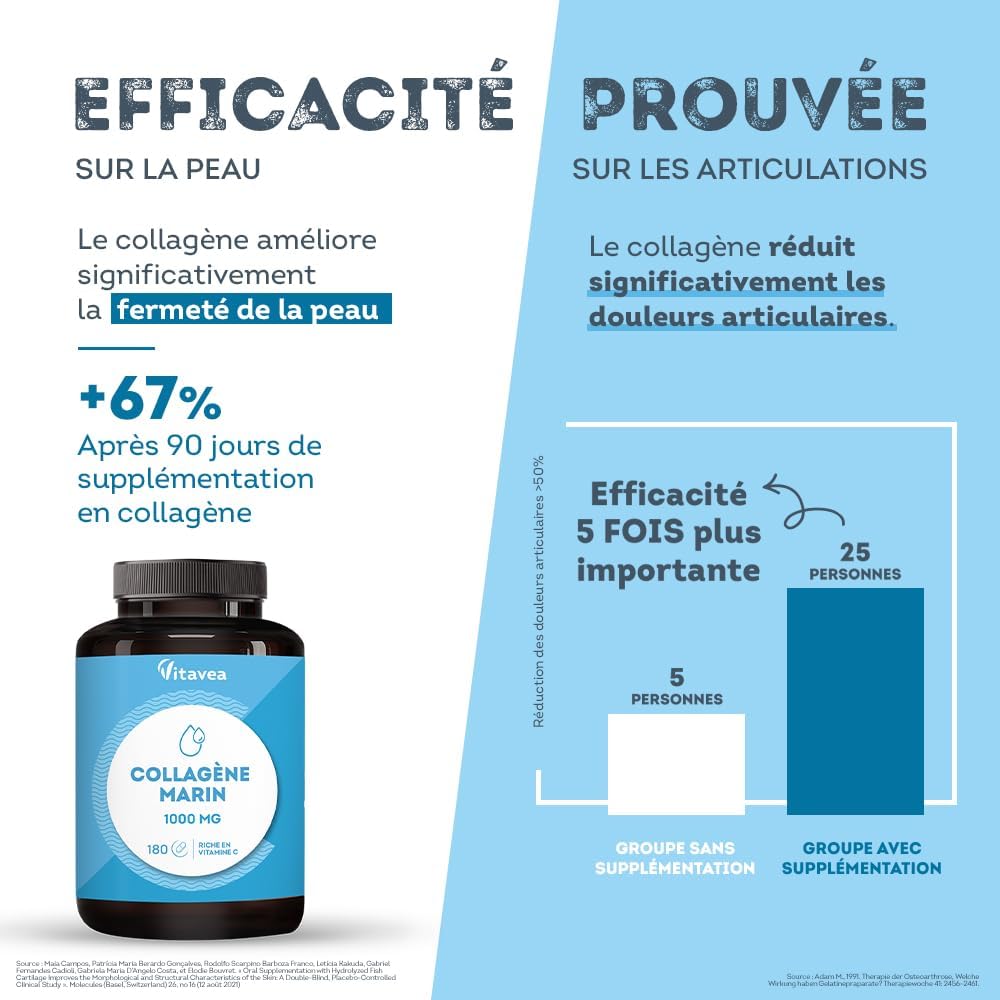 Marine Collagen Type 1&3, 1000mg | Low molecular weight, high absorption | Hydrolyzed Marine Peptides | With Vitamin C | Skin & Joints | 180 tablets, 3 months | Made in France | Vitavea - Image 7