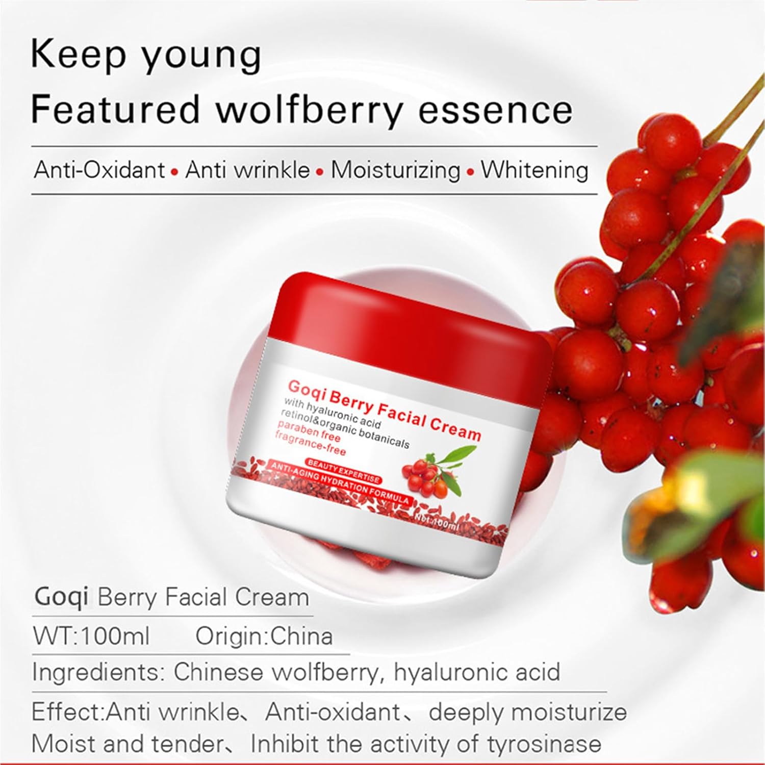 32 Goji Berry Face Cream - Hyaluronic Acid & Vitamin C, Natural Anti-Aging & Anti-Wrinkle Cream for Day and Night, Suitable for Women and Men - Image 3