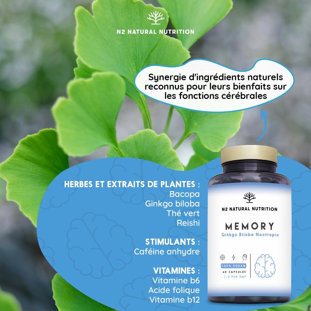 Ginkgo Biloba Nootropic. Cafeine Vitamin B6 Bacopa Green Tea Improves Concentration Memory, Anxiety and Mood, Anti Fatigue, Helps General Well-Being, Vegan 60 Capsules N2 Natural Nutrition - Image 3