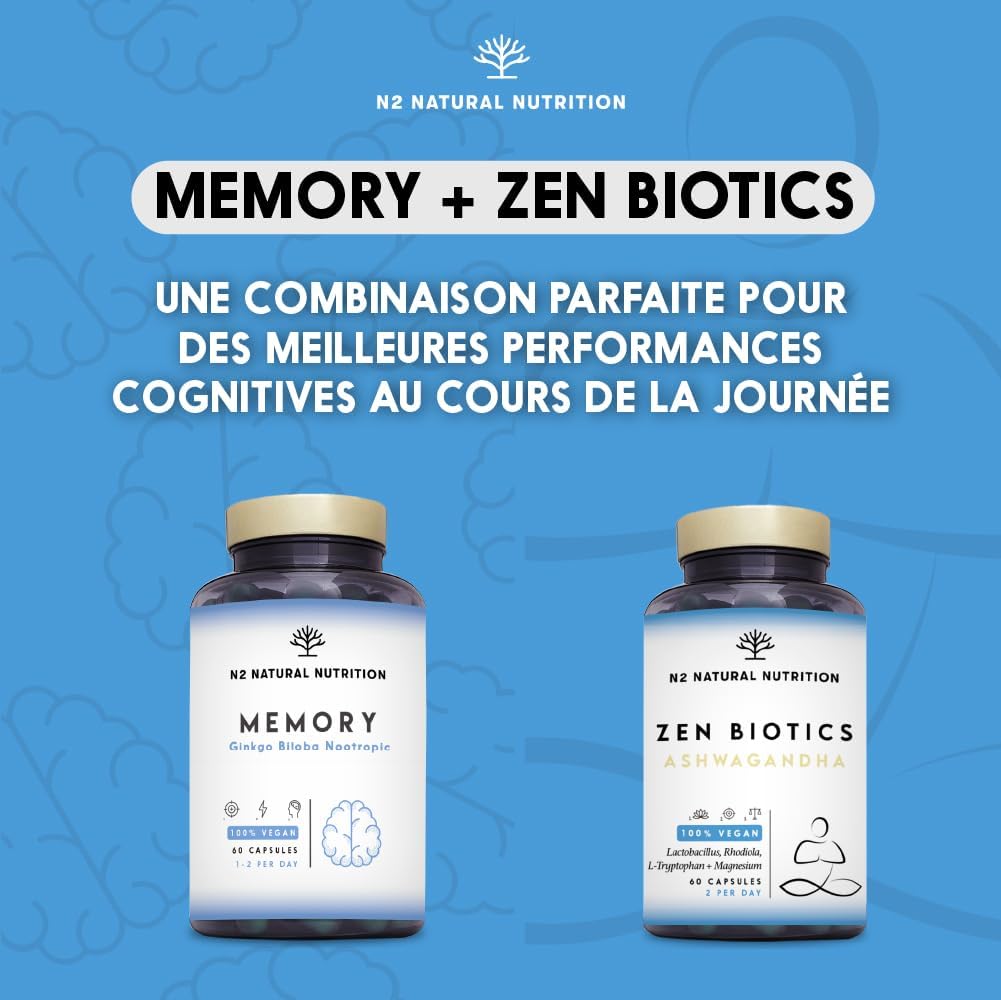 Ginkgo Biloba Nootropic. Cafeine Vitamin B6 Bacopa Green Tea Improves Concentration Memory, Anxiety and Mood, Anti Fatigue, Helps General Well-Being, Vegan 60 Capsules N2 Natural Nutrition - Image 5