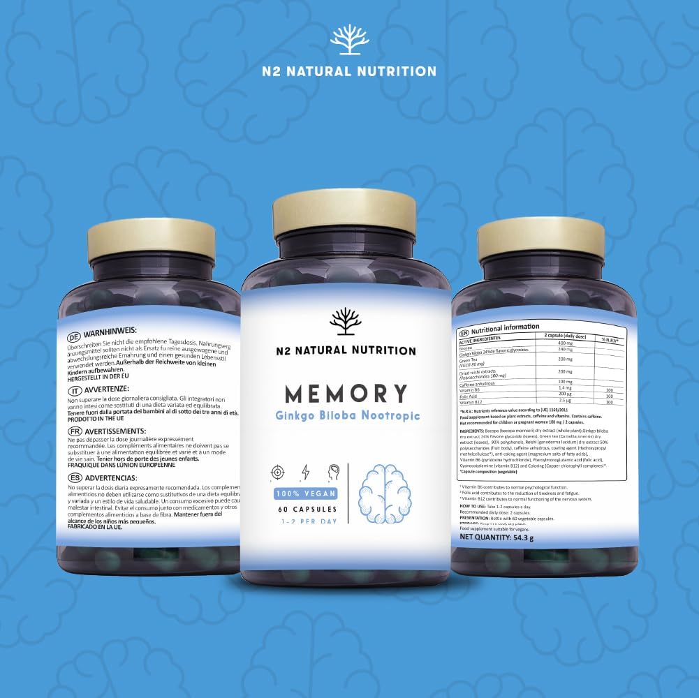 Ginkgo Biloba Nootropic. Cafeine Vitamin B6 Bacopa Green Tea Improves Concentration Memory, Anxiety and Mood, Anti Fatigue, Helps General Well-Being, Vegan 60 Capsules N2 Natural Nutrition - Image 7