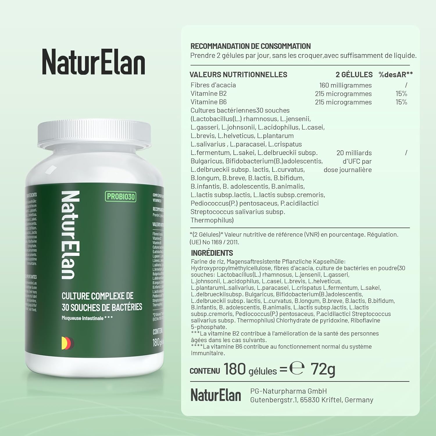 Probiotic Intestinal Flora | 30 Bacteria Strains | 180 Capsules | 20 Billion CFU/day | With Active B Complex and Acacia Fiber | Gastro-Resistant & Vegan | Lactobacillus & Bifidobacteria - Image 8