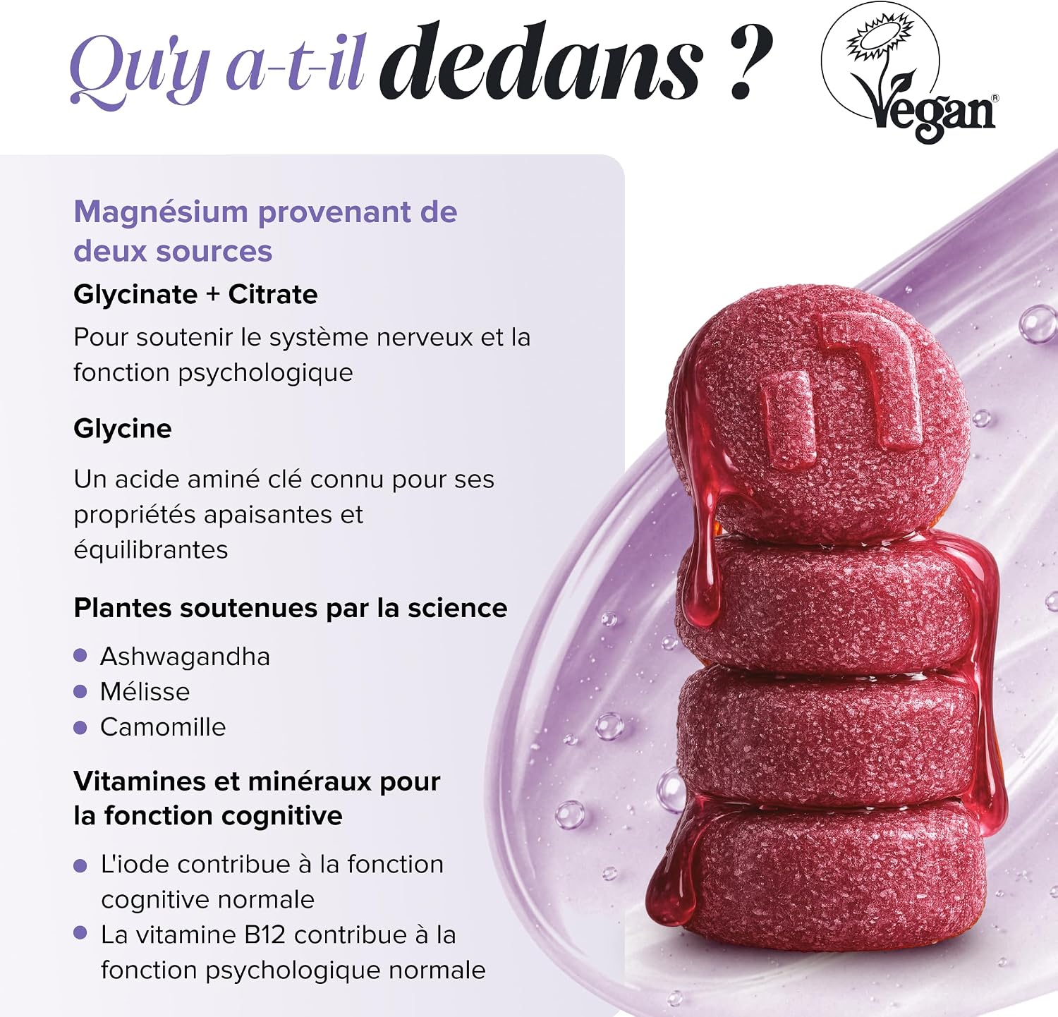 Calme Magnesium Glycinate Gummies – Magnesium, Glycine, Ashwagandha, Chamomile & Lemon Balm + B12 & Iodine – Nervous System & Psychological Functions – Vegan, Gluten Free – 60 Gummies – Novomins - Image 5