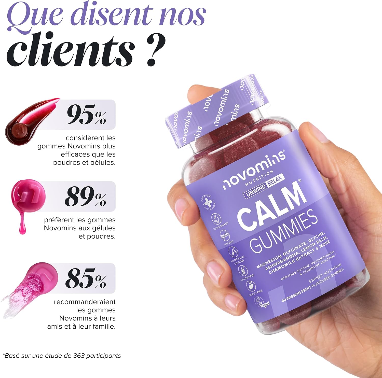 Calme Magnesium Glycinate Gummies – Magnesium, Glycine, Ashwagandha, Chamomile & Lemon Balm + B12 & Iodine – Nervous System & Psychological Functions – Vegan, Gluten Free – 60 Gummies – Novomins - Image 10