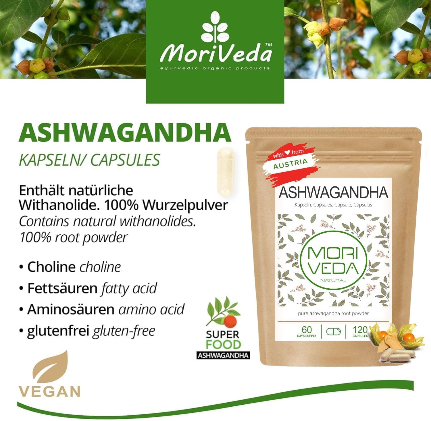 Ashwagandha Capsules 1200mg - 100% Root Powder - 60 Days Supply - Balance, Quality of Life and Inner Peace - From India - Vegan & Gluten Free - By MoriVeda - 120 Pieces - Image 4