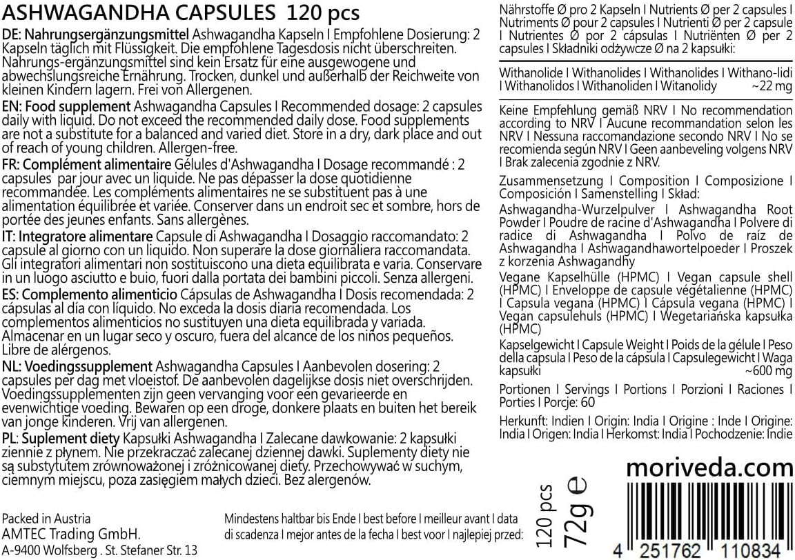 Ashwagandha Capsules 1200mg - 100% Root Powder - 60 Days Supply - Balance, Quality of Life and Inner Peace - From India - Vegan & Gluten Free - By MoriVeda - 120 Pieces - Image 8