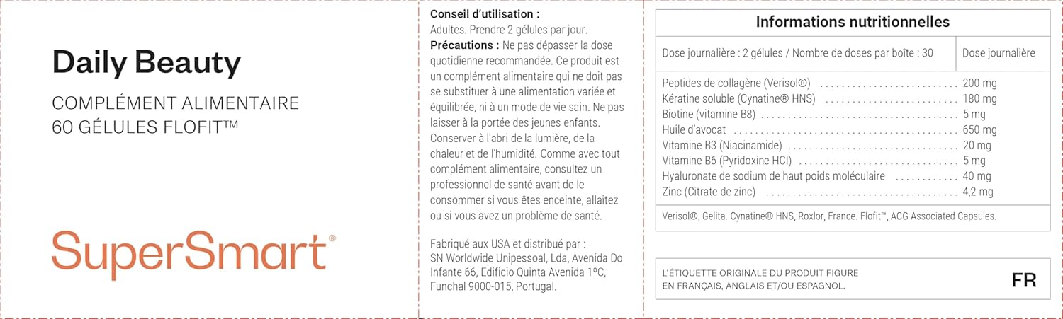 Supersmart - Daily Beauty - Rich in Biotin, Avocado Oil, Viamine B3, Zinc and Verisol Collagen Peptides - Contributes to Skin and Nail Health | Non-GMO - 60 FLOFITE capsules - Image 3
