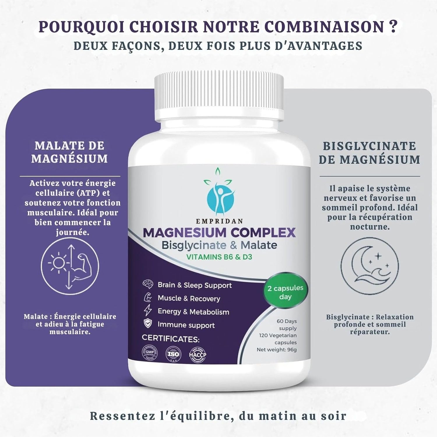 Magnesium Bisglycinate and Malate Complex (230mg Elemental Magnesium) – High Absorption with Vitamin B6 and D3 – 120 Vegetable Capsules – Energy, Sleep and Muscle – EMPRIDAN - Image 3