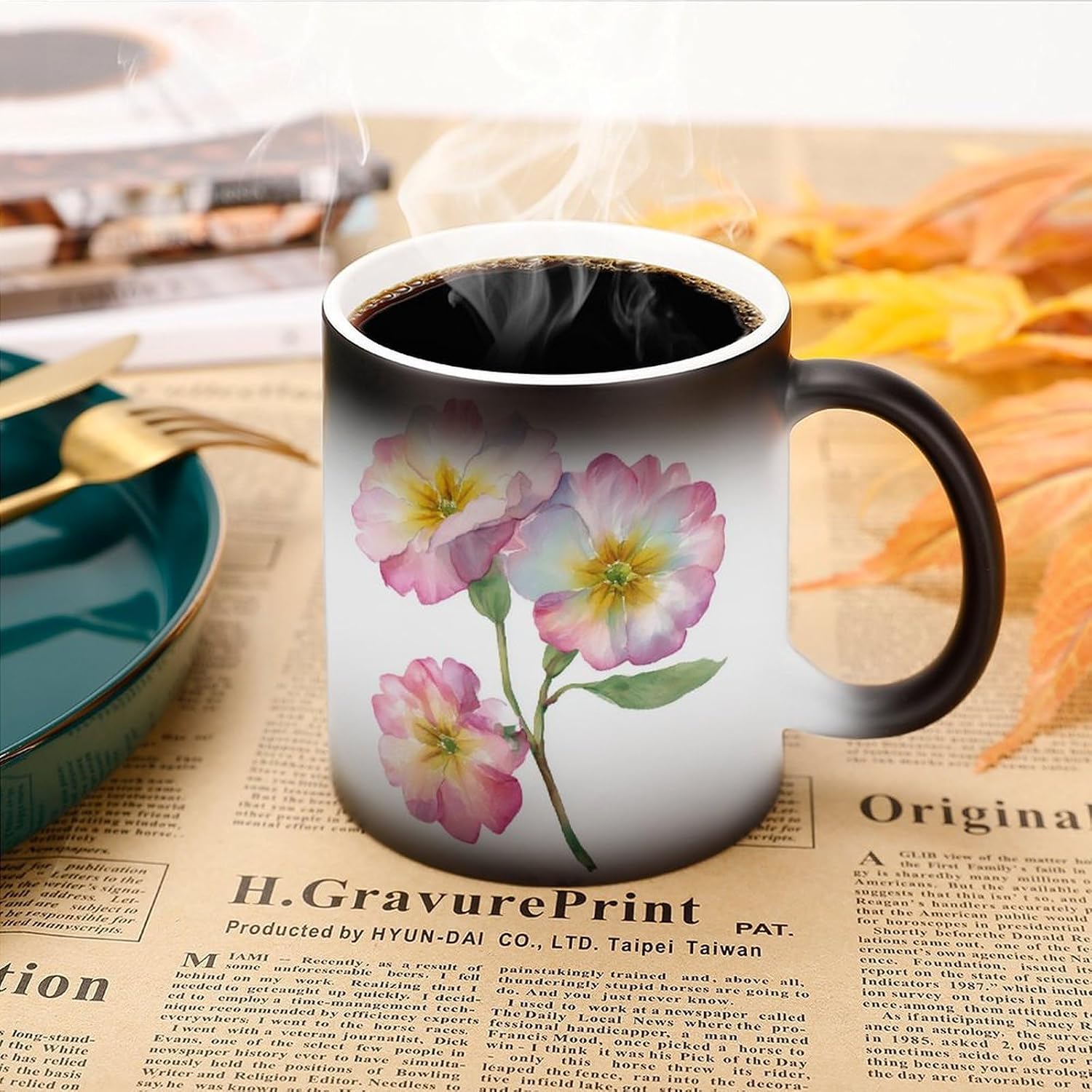 Tasse à café en céramique à changement de couleur avec fleurs d'onagre - 325 ml - Image 4