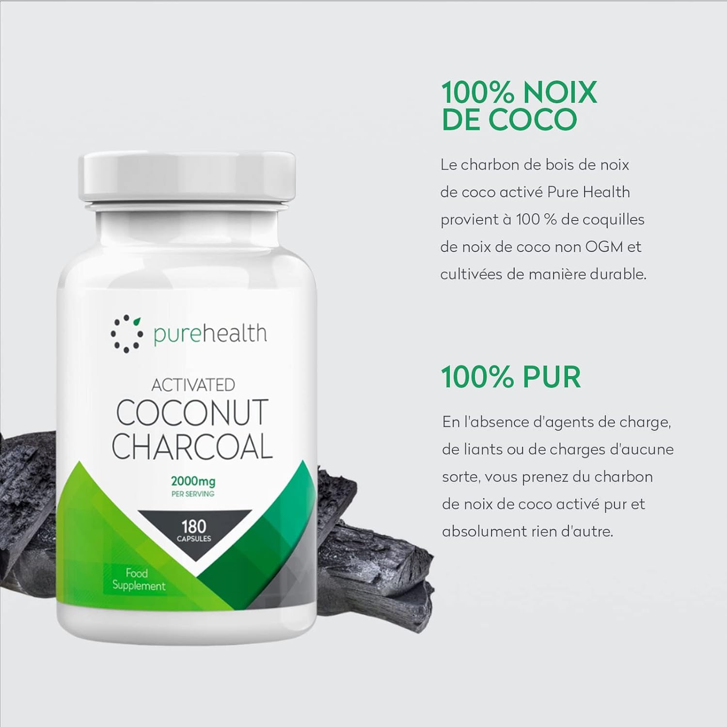 Coconut Vegetable Activated Charcoal 2000mg - Daily Serving | No Fillers/Fillers | 180 Capsules | Non-GMO Coconut for Digestion | Natural Relief | Vegan - Image 6