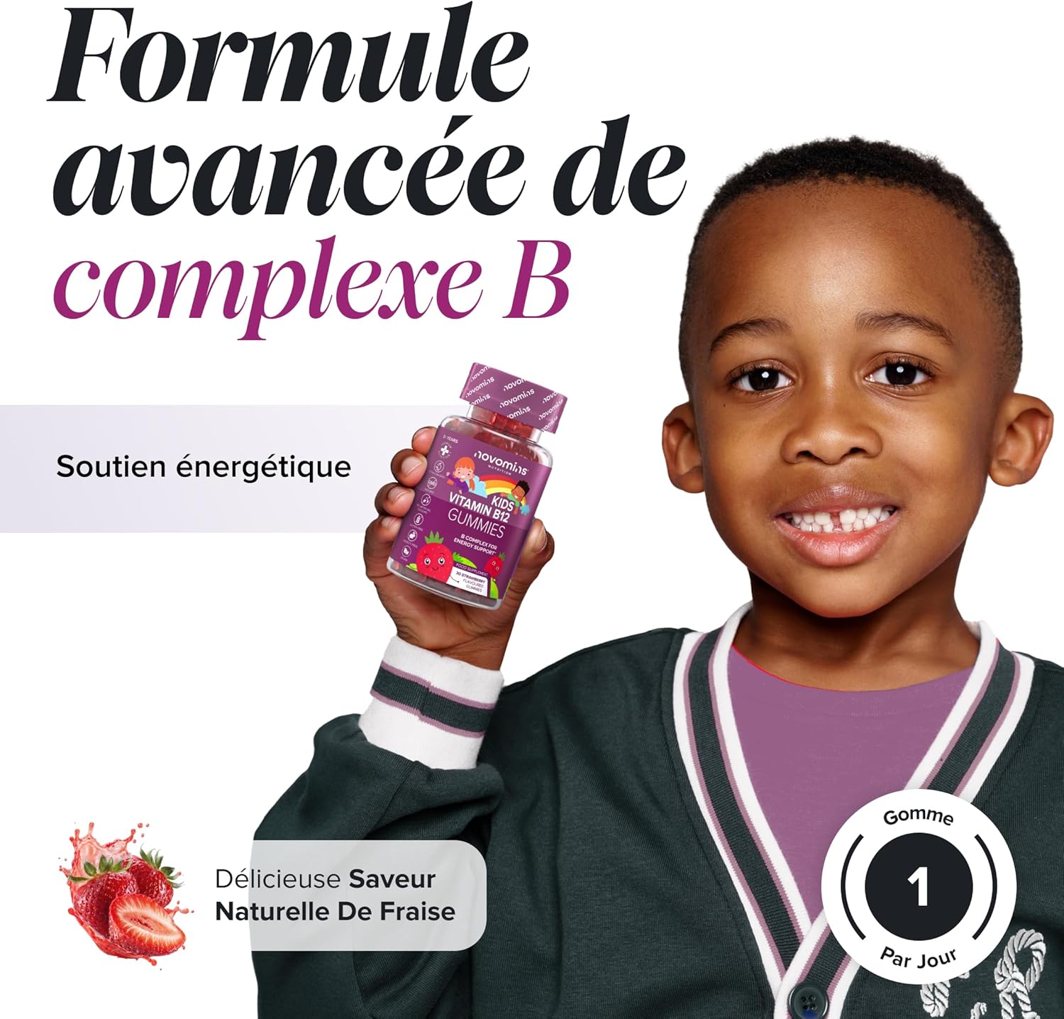 Vitamin B12 Child Gummies - Vitamin B Complex (B1, B2, B6, B12 + Folic Acid & Biotine) - Energy, Nervous System & Fatigue - Vegan, Gluten Free - 30 Strawberry Gummies - Novomins - Image 3