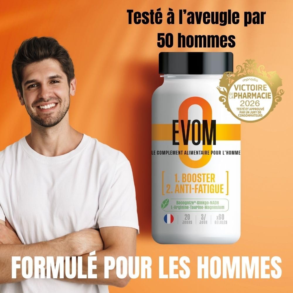 EVOM Men's Anti-Fatigue Booster – Physical Energy and Mental Tone – Magnesium (26% VNR), Bacopa BACOGNIZE, Ginkgo, NADH, Amino Acids – 20 Day Cure – Food Supplement For Men - Image 3